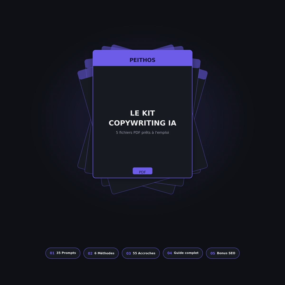 PEITHOS — Kit Copywriting IA, 5 fichiers PDF : 35 prompts, 6 méthodes, 55 accroches, guide complet et bonus SEO
