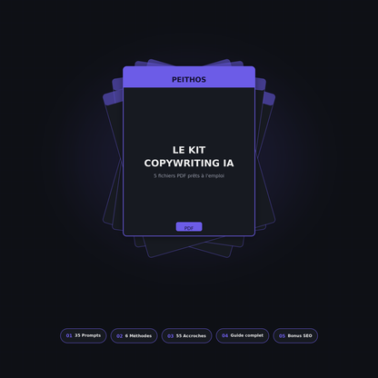 PEITHOS — Kit Copywriting IA, 5 fichiers PDF : 35 prompts, 6 méthodes, 55 accroches, guide complet et bonus SEO