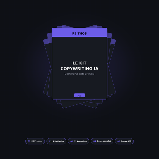PEITHOS — Kit Copywriting IA, 5 fichiers PDF : 35 prompts, 6 méthodes, 55 accroches, guide complet et bonus SEO